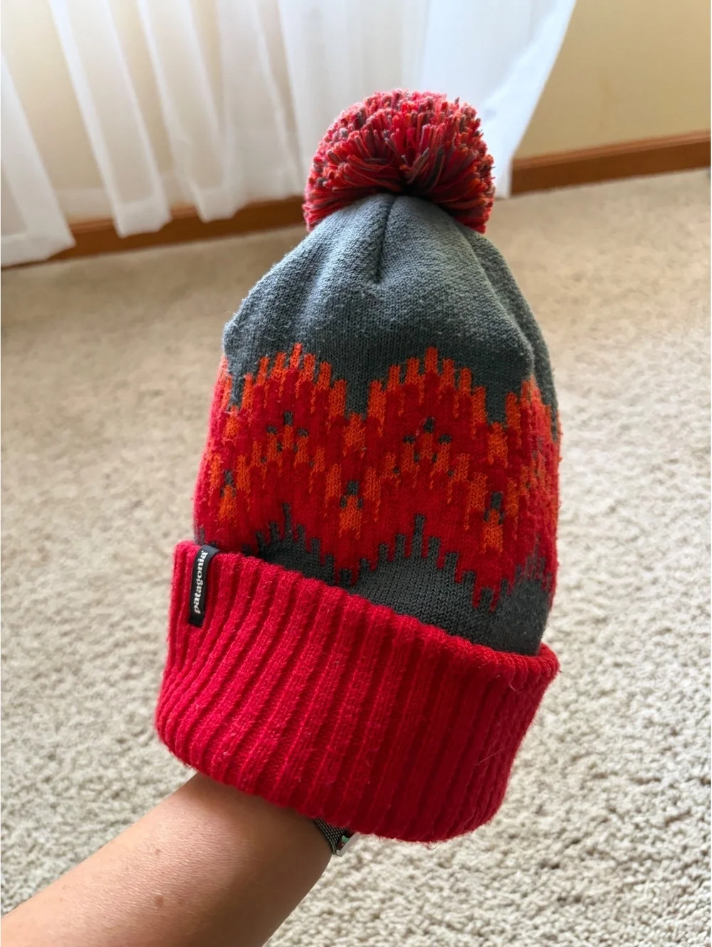 Patagonia Powder Town Beanie red grey orange ribbed cuff pom pom